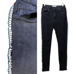 UTERQUE High Rise Dark Wash Jeans with Side Beads